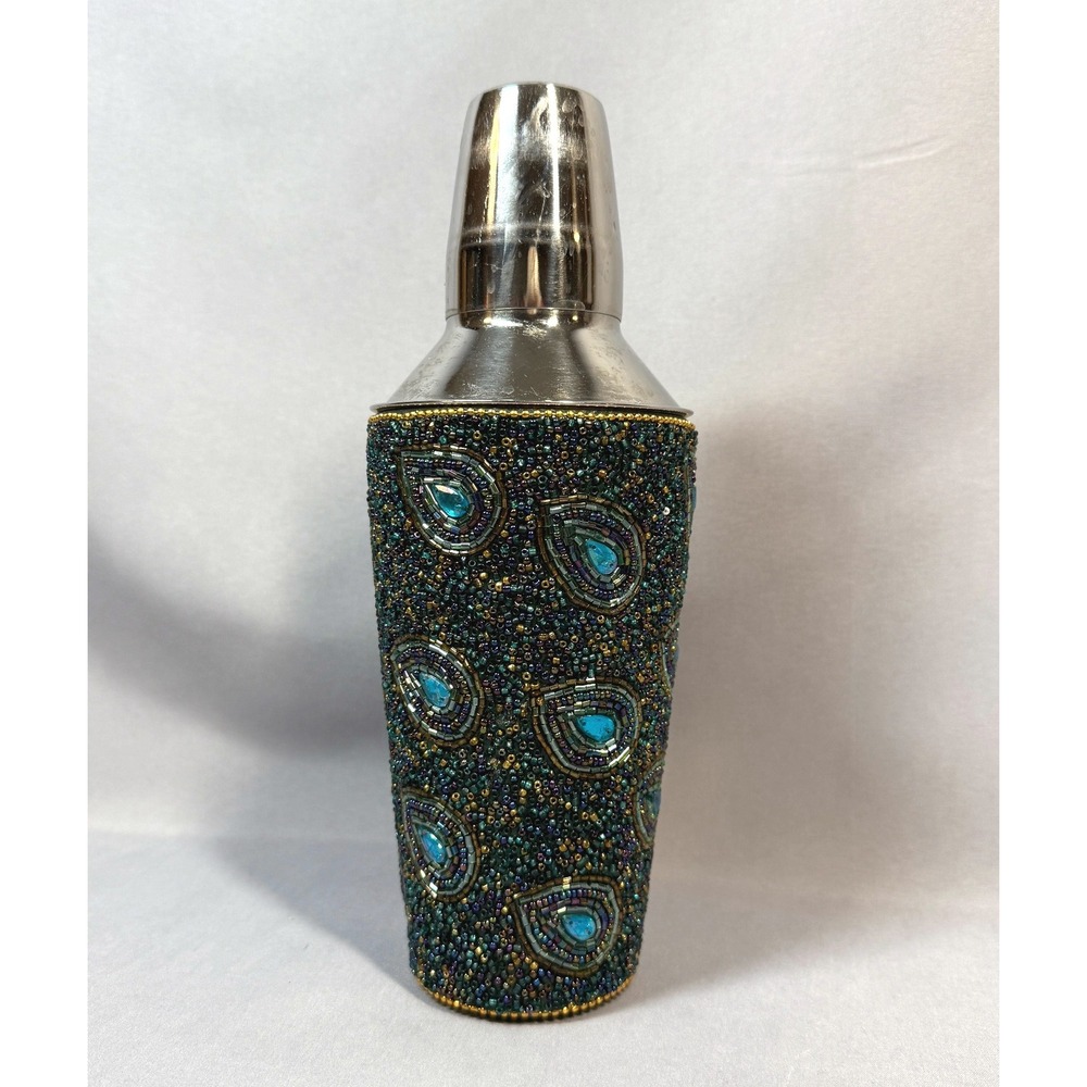 Pier 1 Beaded Cocktail Shaker Peacock Feather Barware Stainless Mixology Retired